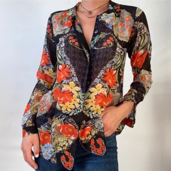 CAbi Tops - CABI Womens S Amour Boho Floral Print Semi Sheer Black Chiffon Button Down Top